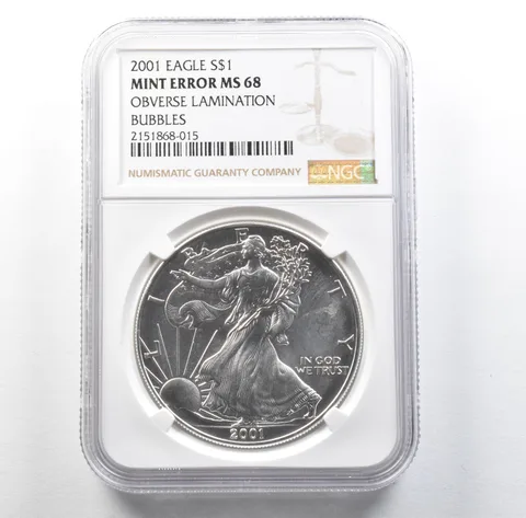 2001 American Silver Eagle Mint Error Obverse Lamination Bubbles MS68 NGC *3163