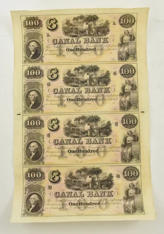 Lot (4) Uncut Sheet 1800's $100 Canal Bank New Orleans Notes a4130