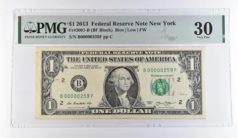 2013 $1 New York NY FRN Fr#3001-B VF 30 PMG Low Serial # *9492