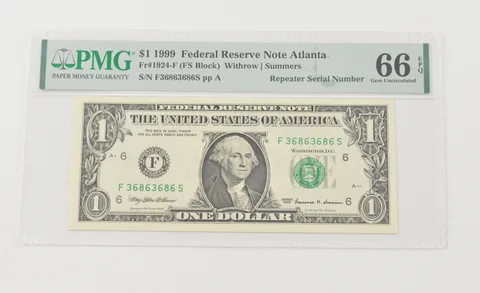 Gem UNC 66 EPQ 1999 $1 FRN Atlanta FR#1924-F Repeater Serial Number PMG *6596