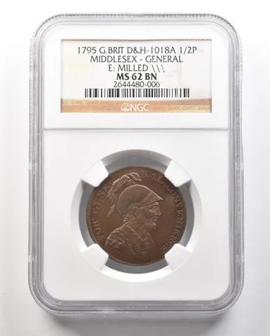 1795 G. Britain D&H-1018A 1/2 Penny Middlesex-General Milled MS62 BN NGC *4727