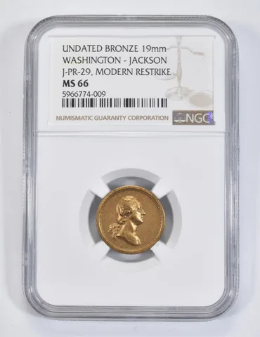MS66 Undated Bronze Washington/Jackson 19mm J-PR-29 Modern Restrike - NGC *8180