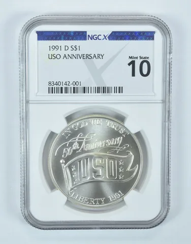 1991-D USO Commemorative Silver Dollar Mint State 10 NGC X NGCX