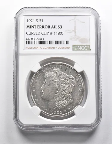 Mint Error AU53 1921-S Morgan Silver Dollar Curved Clip @11:00 NGC *1971