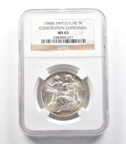 1948 B Switzerland 5 Francs Constitution Centennial MS65 NGC *2485