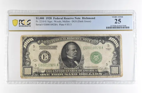 1928 $1000 Richmond VA FRN Fr#2210-E Dark Green Seal Very Fine 25 PCGS *4223