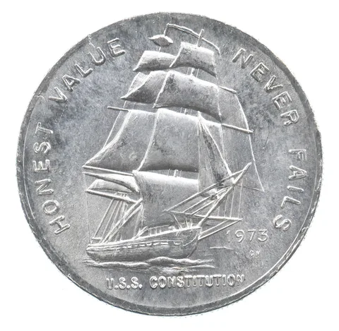 VINTAGE Art Bar/Round 1973 USS Constitution Mint 1 Oz. .999 Silver 1 T Oz *136