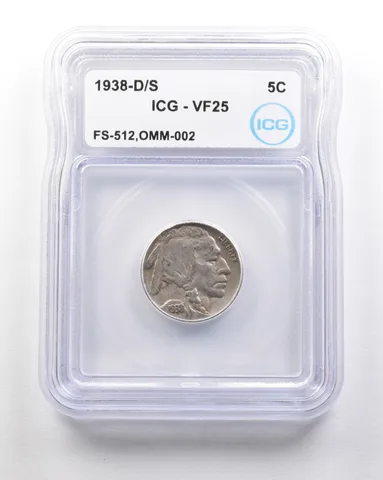 1938-D/S Indian Head Buffalo Nickel Mint Error FS-512 OMM-002 VF25 ICG *1690