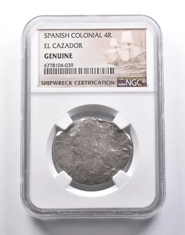 Genuine El Cazador Spanish Colonial 4 Reales NGC Shipwreck Certification a3748