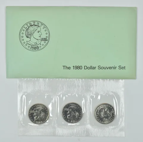 1980 Susan B Anthony $1 Uncirculated Coin Set w/ OGP Envelope P+D+S (3 coins)