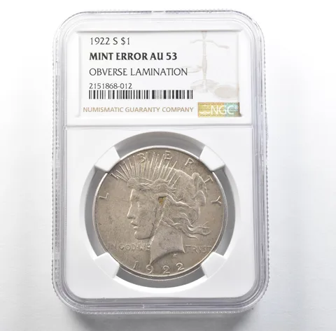 1922-S Peace Silver Dollar Mint Error Obverse Lamination AU53 NGC *3143