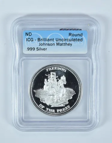 (ND) Silver Art Round 1 Oz Freedom Of The Press Johnson Matthey BU ICG
