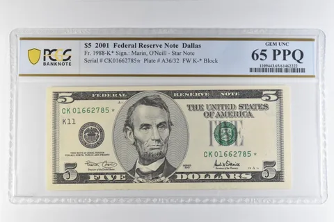 2001 $5 Dallas TX FRN Star Note Fr#1988-K* Gem Unc 65 PPQ PCGS *6539