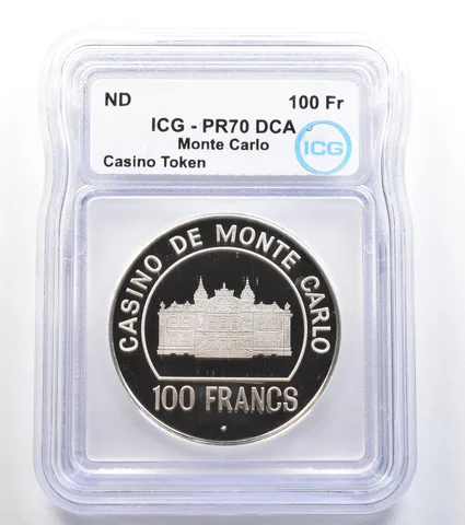 ND Monte Carlo 100 Francs Casino Token Sterling Silver PR70 DCAM ICG a8020