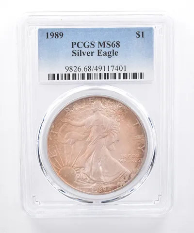 1989 American Silver Eagle MS68 PCGS Purple/Orange Tone *8485