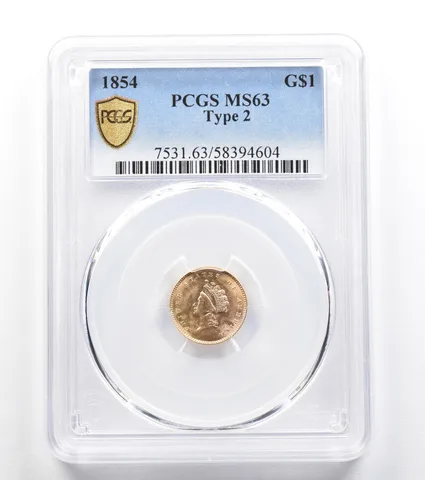 1854 $1 Indian Princess Head Gold Dollar Type 2 MS63 PCGS *9605