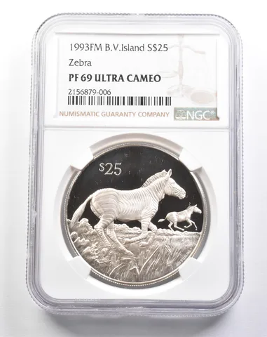 1993 FM British Virgin Islands 25 Dollars Silver Zebra PF69 UCAM NGC a4937