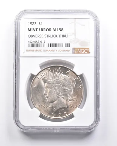 AU58 1922 Peace Silver Dollar Error OBV Struck Thru NGC *6644