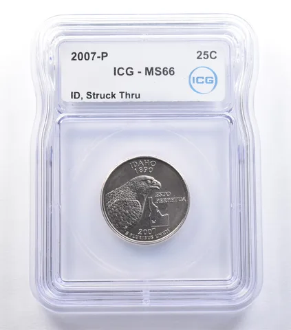 2007-P Washington State Quarter Idaho Mint Error Struck Thru MS66 ICG *9596