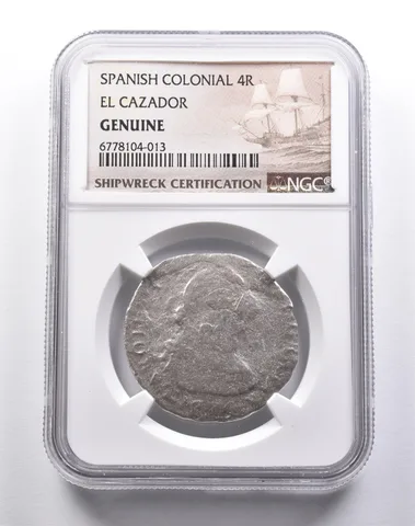Genuine El Cazador Spanish Colonial 4 Reales NGC Shipwreck Certification *3682