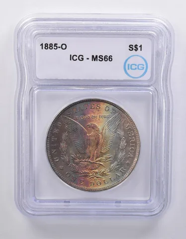 1885-O Morgan Silver Dollar MS66 ICG Rainbow Tone Reverse *7120