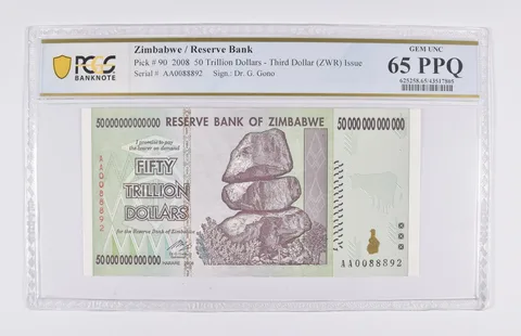 2008 Zimbabwe 50 Trillion Dollars, Authentic P-90, PCGS 65 PPQ Gem UNC