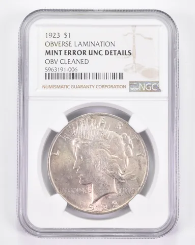 Mint Error UNC Details 1923 Peace Silver Dollar - OBV Lamination NGC a8863