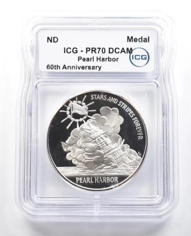 ND Medal Pearl Harbor 60th Anniversary Silver Clad PR70 DCAM ICG *4888