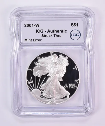 2001-W American Silver Eagle Mint Error Struck Thru Authentic ICG