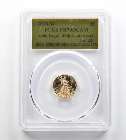 2016-W $5 Gold Eagle 30th Anniversary 1/10 Oz Gold PR70 DCAM PCGS *0428