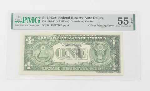 About UNC 55 EPQ 1963-A $1 FRN Dallas - FR#1901-K Printing Error - PMG a6565