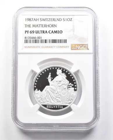 1987 AH Switzerland 1 Unze Silver The Matterhorn PF69 UCAM NGC a0387
