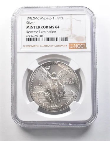 1982 Mo Mexico 1 Onza Silver Libertad Error MS64 Reverse Lamination NGC *7965