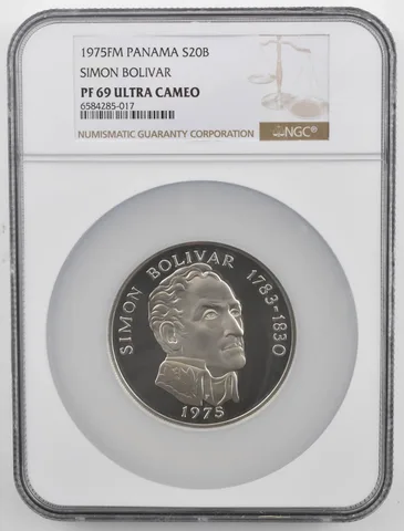1975 FM Panama 20 Balboas Simon Bolivar Silver PF69 UCam NGC Brown Lbl
