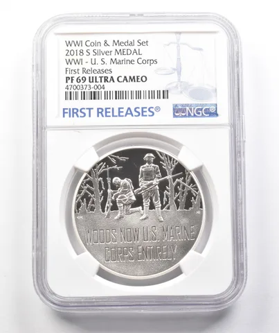 2018 S Silver Medal WWI US Marine Corp Coin & Medal Set FR PF69 UCAM NGC *1153