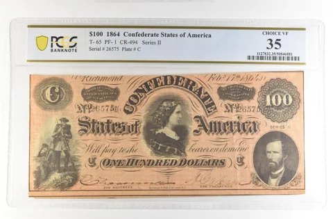 1864 $100 Confederate States Large Note T-65 PF-1 CR-494 Choice VF 35 PCGS *4176