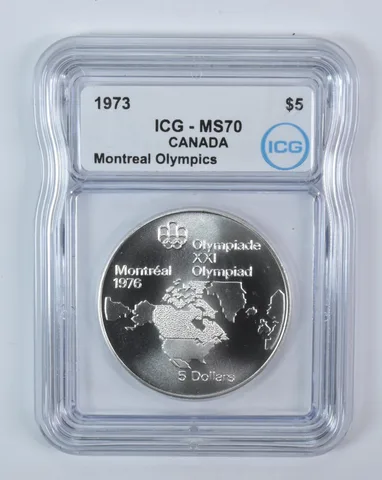 1973 Canada 5 Dollars Silver Montreal Olympics Map Of North America MS70 ICG