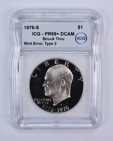 1976-S Eisenhower $1 Type 2 Mint Error Struck Thru PR69+ DCAM ICG