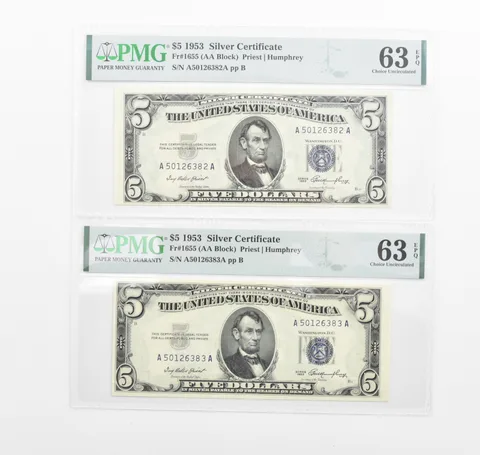 Lot (3) PMG 63 EPQ 1953 $5 Silver Certificate Consecutive Notes Fr#1655 *1157