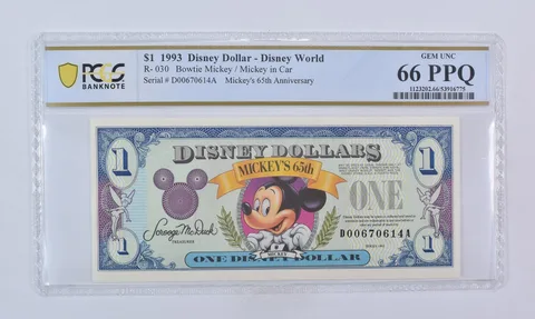 1993 $1 Disney Dollar Disney World Bowtie Mickey R-030 Gem Unc 66 PPQ PCGS