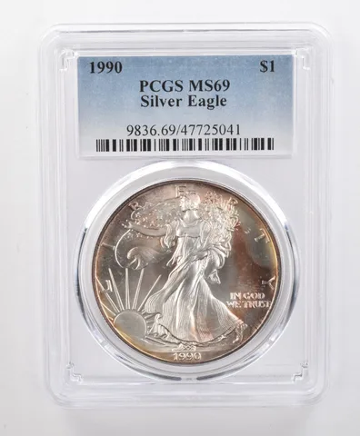 MS69 1990 American Silver Eagle PCGS Beautiful Red Toning a1668