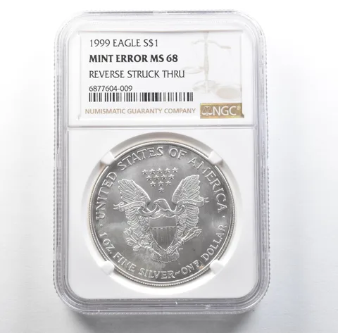 1999 American Silver Eagle Mint Error Reverse Struck Thru MS68 NGC *3120