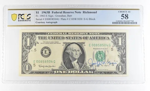 1963 B $1 Richmond VA FRN Courtesy Autograph FR#1902-E AU58 PCGS Barr *0622