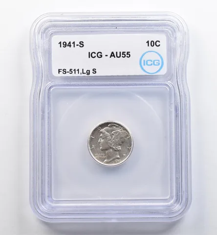 1941-S Mercury Dime FS-511 Large S AU55 ICG *9054