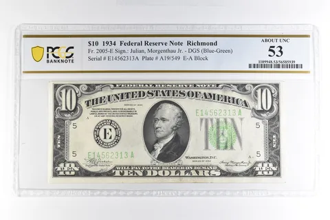 1934 $10 Richmond VA FRN Fr#2005-E Blue-Green Seal About Unc 53 PCGS *4961