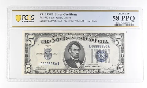 1934 B $5 Silver Certificate Fr#1652 Choice AU 58 PPQ PCGS *2770