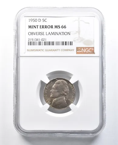 1950-D Jefferson Nickel Mint Error Obverse Lamination MS66 NGC a8224