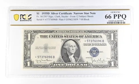 $1 1935 D Silver Certificate Narrow Star Note Fr#1613N* Unc 66 PPQ PCGS a4024