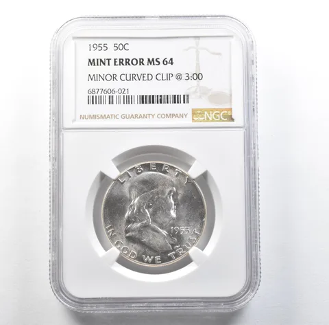 1955 Franklin Half Dollar Mint Error Minor Curved Clip @ 3:00 MS64 NGC *3113