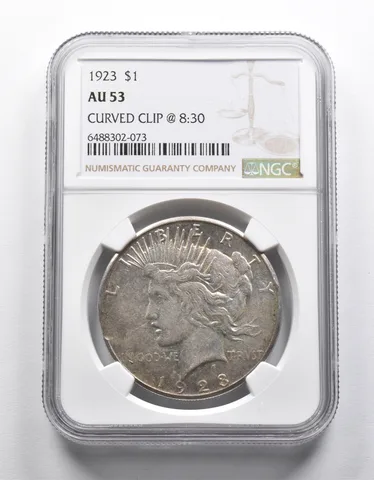 AU53 1923 Peace Silver Dollar Curved Clip @8:30 NGC a1963